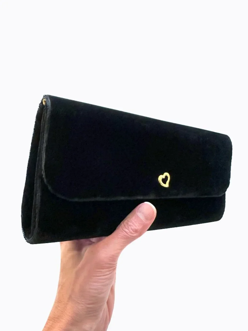 Vintage Victoria's Secret Black Velvet Clutch Evening Bag Gold Heart Whimsigoth